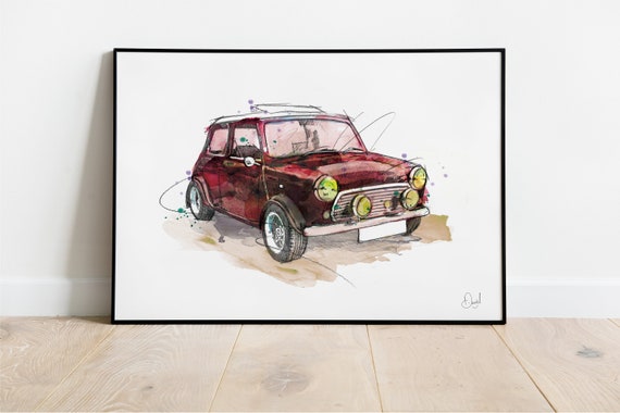 クラシック ミニ クーパー アートプリント、ミニイラスト、ミニ