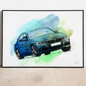 BMW 3 Series, Classic, Car, Art Print, Illustration, Drawing, Watercolour