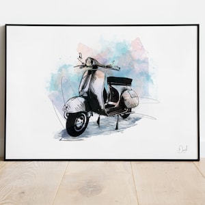 Clásico Vespa GS SCooter Arte Impresión, Ilustración scooter, Dibujo scooter, Acuarela, Arte, Impresión, Scooter
