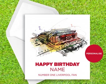 May include: A white card with a watercolor illustration of a stadium. The card says "Happy Birthday NAME Number One Liverpool Fan".