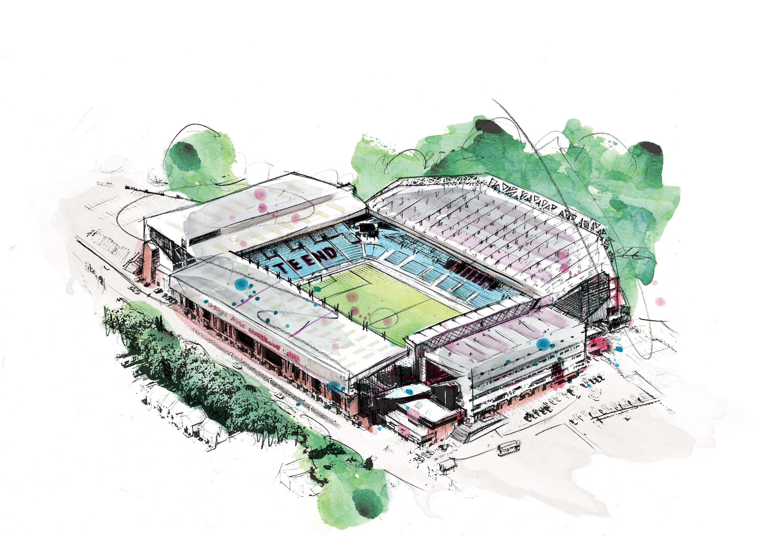 Aston Villa, Villa Park, Football Ground, Art Print, Illustration, Drawing, Watercolour