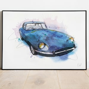 Classic E-Type Jaguar Art Print, Classic Car Drawing, Vintage Car Illustration, E-Type Watercolour,