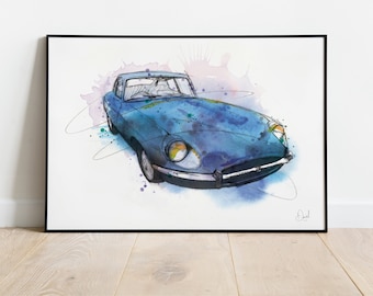 Classic E-Type Jaguar Art Print, Classic Car Drawing, Vintage Car Illustration, E-Type Watercolour,
