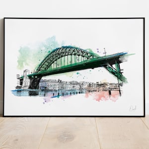 Tyne Bridge Newcastle Art Print, Newcastle Illustration, Drawing, Watercolour, City Art