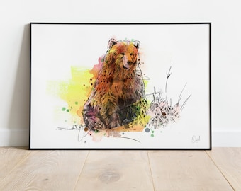 Grizzly Bear Art Print, Woodland Illustration, Woogland Drawing, Watercolour, Wildlife Art Print, Wildlife poster