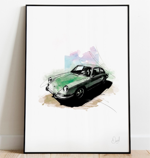 車　絵画 ポルシェ 911 アートプリント、クラシックカー、ヴィンテージカー