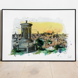 Edinburgh Carlton Hill Art Print, City Illustration, Scotland Drawing, Watercolour Art