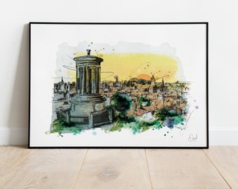 Edinburgh Carlton Hill Art Print, City Illustration, Scotland Drawing, Watercolour Art