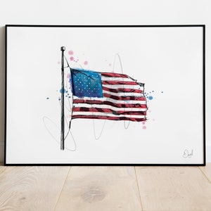 Stars and Stripes Art Print, Amerikaanse vlag illustratie, USA tekening, aquarel, nationale vlag