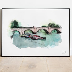 London Art Print, Richmond Bridge Illustration, Boats  Drawing, Watercolour Art