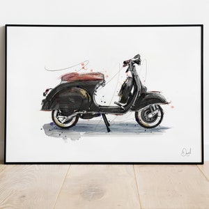 Classic Vespa Scooter Art Print, Ilustración de Scooter, Dibujo de ciclomotor, Acuarela