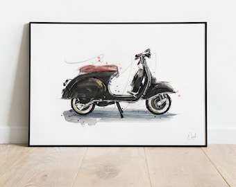 Classic Vespa Scooter Art Print, Illustrazione Scooter, Disegno Ciclomotore, Acquerello