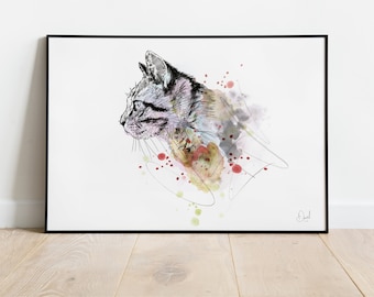 Tabby Cat Art Print, Cat Illustration, Cat Drawing, Watercolour, Cat Art
