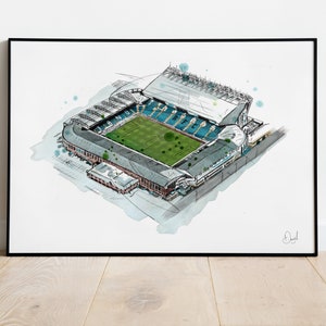 Leeds United Elland Road, Leeds United illustratie, Tekening, Aquarel, voetbal, stadion, voetbal,
