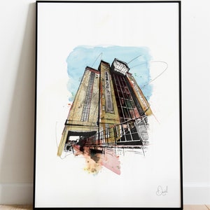 May include: A watercolour illustration of a tall building with a blue sky and clouds in the background. The building has a large window on the top floor and a sign that reads "Remarkable".