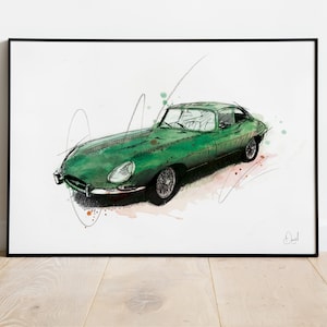 Jaguar E type Classic Car Art Print, Illustration, Drawing, Watercolour, Art, Print, Car