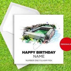 Cartão de aniversário Fulham - Cartão de aniversário Craven Cottage - Cartão de aniversário com nome personalizado - Cartão de aniversário com nome - Cartão de aniversário de futebol