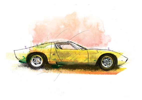 Lamborghini Miura Art Print, Classic, Car, Art Print, Illustration