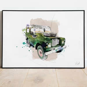 Land Rover Defender Art Print, Klassieke Auto, Oldtimer, Illustratie, Tekening, Aquarel, Kunst, Print