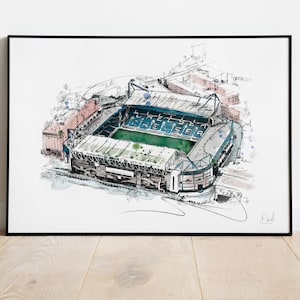 Chelsea, Stamford Bridge, Voetbalveld, Art Print, Illustratie, Tekening, Aquarel, Voetbal, Voetbal, Stadion
