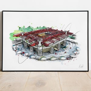 Könnte beinhalten: Eine Schwarzweißskizze eines Stadions mit roten Akzenten. Das Stadion ist in 3D-Perspektive gezeichnet und hat ein großes Feld in der Mitte. Die Skizze ist von einem weißen Hintergrund umgeben.