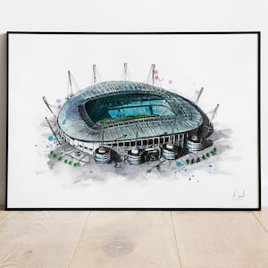 Manchester City Etihad Stadium, Art Print, Man City illustration, Drawing, Watercolour, football, stadium, soccer,