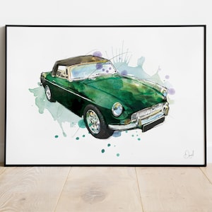 MG Classic Car Art Print, Classic Car, Vintage Car, Illustration, Drawing, Watercolour, Art, Print
