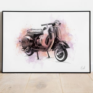 Classic Vespa Art Print, Scooter Illustration, Scooter Drawing, Watercolour, Moped Art Print