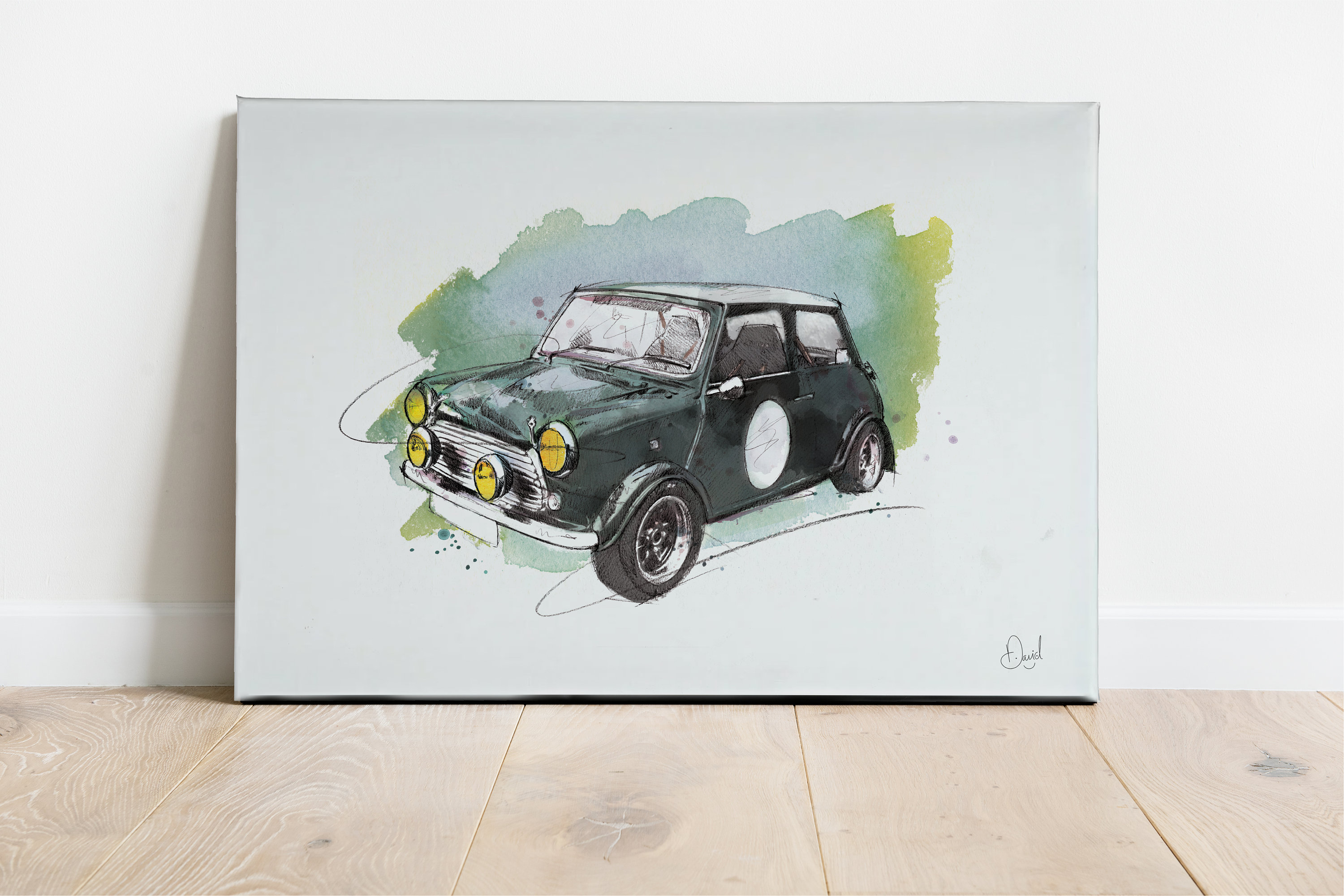 クラシック ミニ クーパー アートプリント、ミニイラスト、ミニ