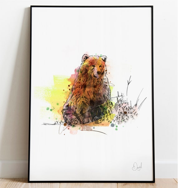 グリズリーベアのアートプリント、森のイラスト、ウーグランドの絵