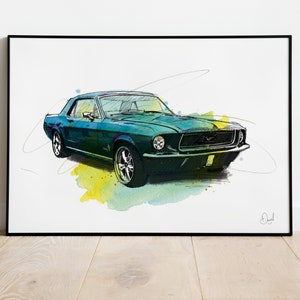Ford Mustang Classic Car, Art Print, Illustratie, Tekening, Aquarel, Kunst, Sportwagen