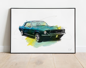 Ford Mustang Classic Car, Art Print, Illustration, Drawing, Watercolour, Art, Sports Car