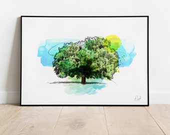 Impressão de arte em árvore, ilustração de castanheiro americano, desenho botânico, arte em aquarela, vida selvagem