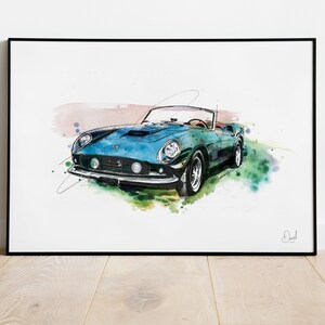 Ferrari 250 GTO Classic Car Art Print, Illustration, Drawing, Watercolour, Art, Print, Car,