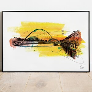 Newcastle Quayside Art Print, Newcastle Illustration, Newcastle Drawing, Watercolour, Millennium Bridge
