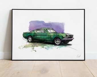 Ford Mustang Classic Car Art Print, Illustration, Drawing, Watercolour, Art Red, Sports Car