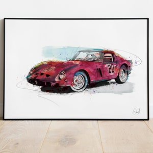 Ferrari 250 GTO Coupe Classic Car Art Print, Illustration, Drawing, Watercolour, Art, Print, Car,