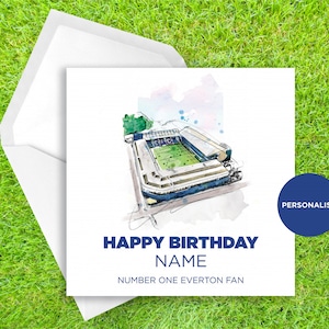 Cartão de aniversário Everton - Cartão de aniversário Goodison Park - Cartão de aniversário com nome personalizado - Cartão de aniversário com nome - Cartão de aniversário de futebol