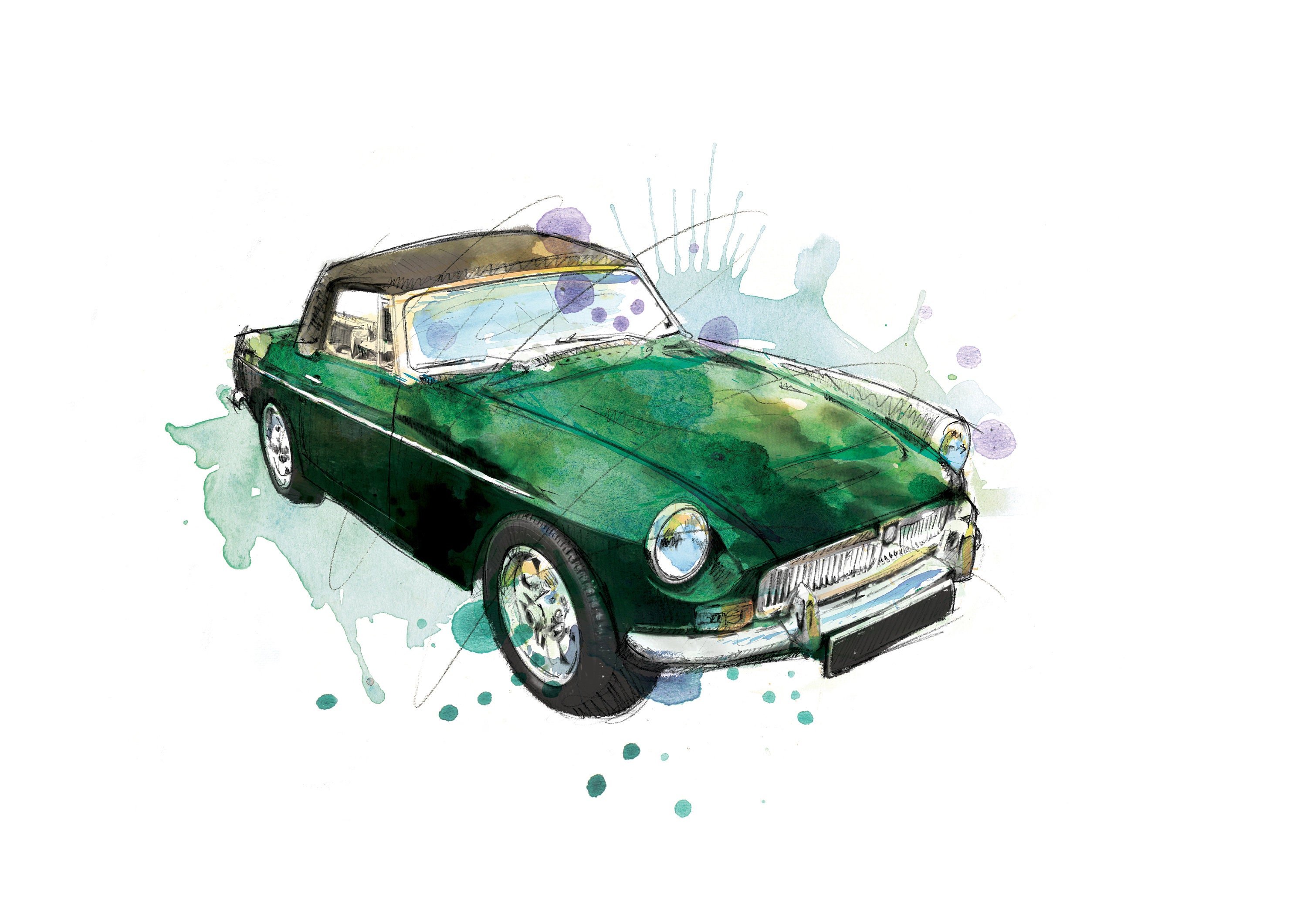 MG Classic Car Art Print, Classic Car, Vintage Car, Illustration