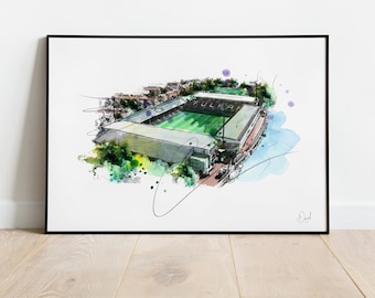May include: Watercolor and ink illustration of a stadium with a green field, framed in black. The artwork features the word "FULHAM" on the stadium. The image has watercolor splashes of green, blue, and purple.