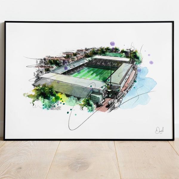 Fulham FC Craven Cottage, Art Print, Illustration, Drawing, Watercolour, football, stadium, soccer,