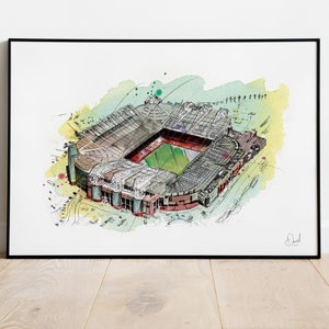 Manchester United Old Trafford, Art Print, Illustratie, Tekening, Aquarel, voetbal, stadion, voetbal,