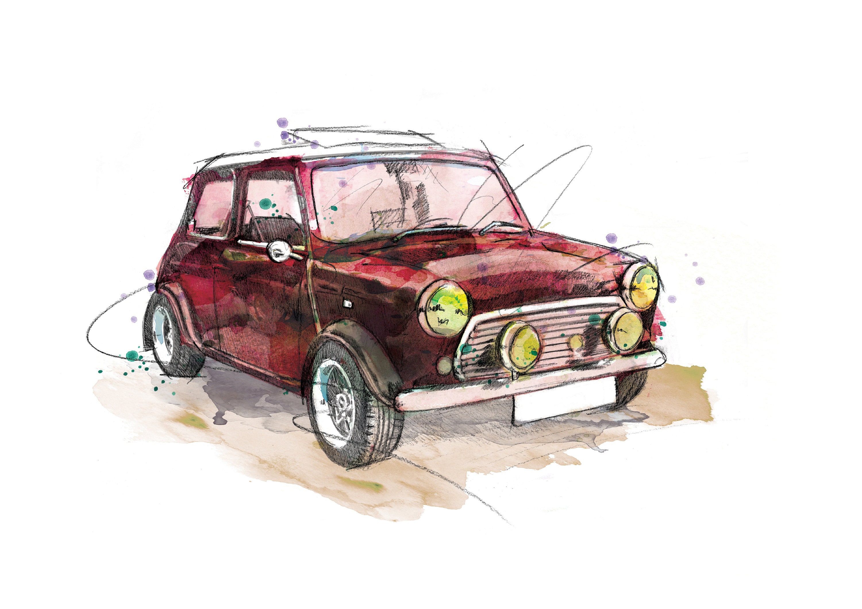 クラシック ミニ クーパー アートプリント、ミニイラスト、ミニ