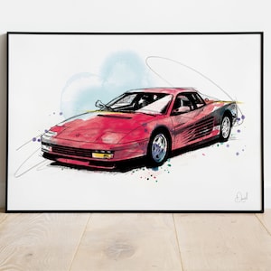 Ferrari Testarossa Classic Car Art Print, Illustration, Drawing, Watercolour, Art, Print, Car, Supercar