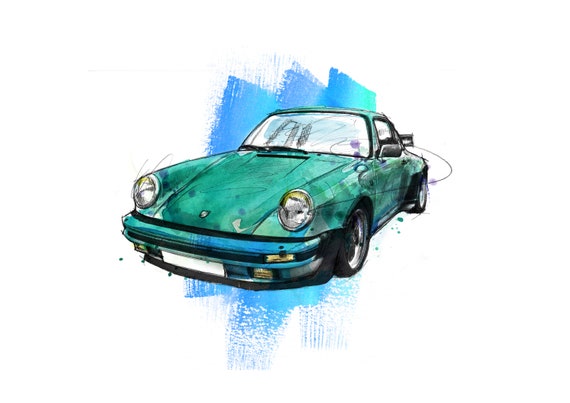 NO5　アンティーク　水彩画 ポルシェ 911、クラシック、車、アートプリント、イラスト、描画