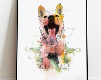 German Shepard Art Print, Dog Illustration, Dog Drawing, Watercolour, Dog Art