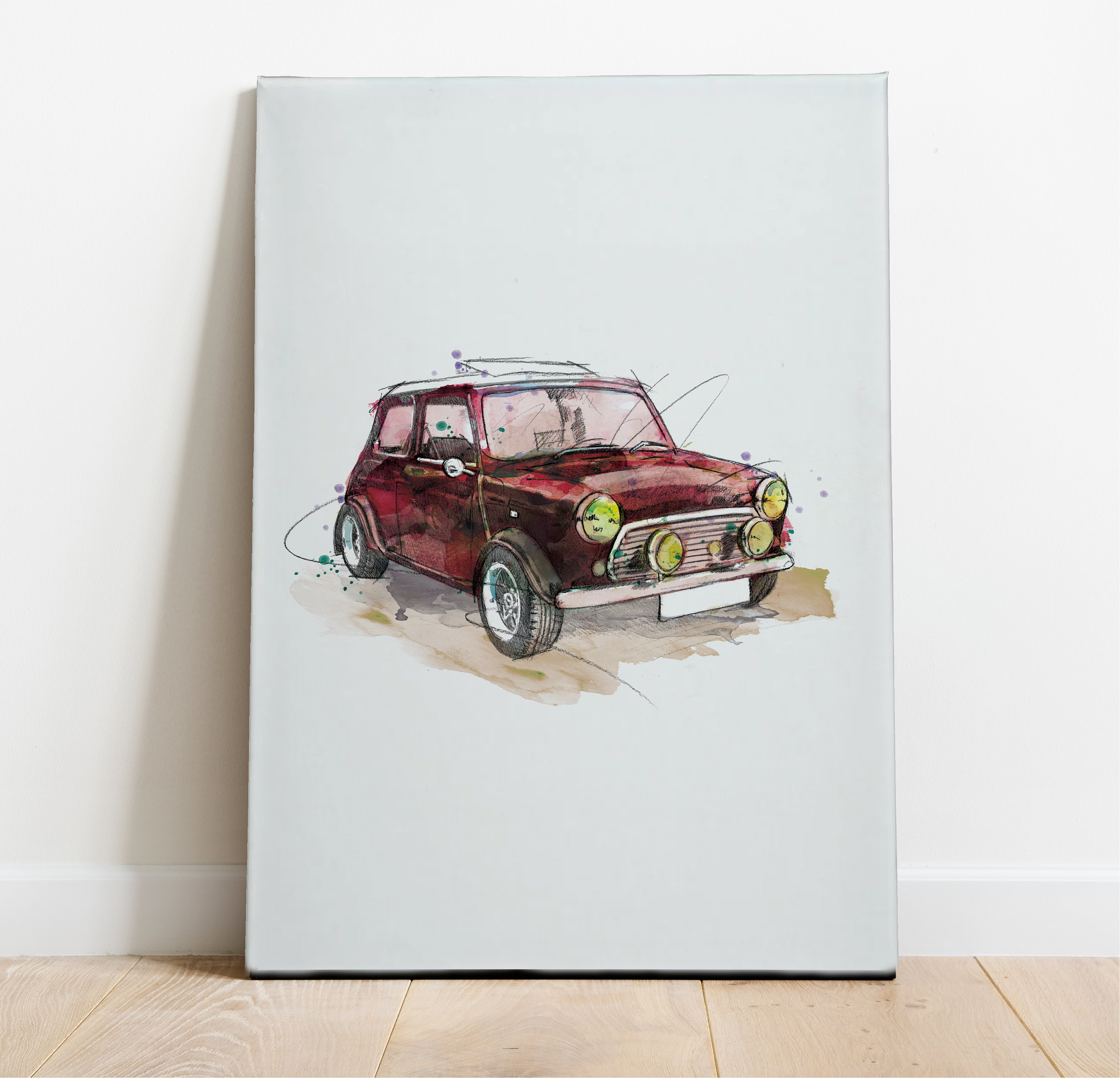 クラシック ミニ クーパー アートプリント、ミニイラスト、ミニ