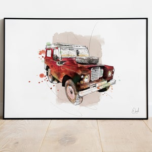 Land Rover Defender Art Print, Classic Car, Vintage Car, Illustration, Drawing, Watercolour, Art, Print