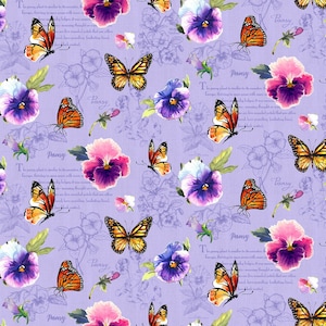 May include: A purple background with a repeating pattern of pansy flowers and monarch butterflies. The text "Pansy" is repeated throughout the pattern.