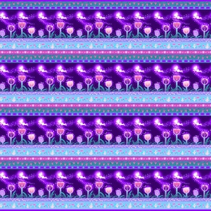 Könnte beinhalten: Ein nahtloses Muster mit Reihen von lila Tulpen, über denen weiße Feen fliegen. Der Hintergrund ist dunkelviolett mit einem hellvioletten Glitzer-Effekt. Das Muster wiederholt sich über das gesamte Bild.